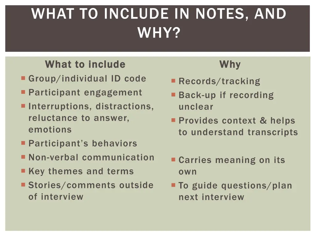 what to include in notes and why