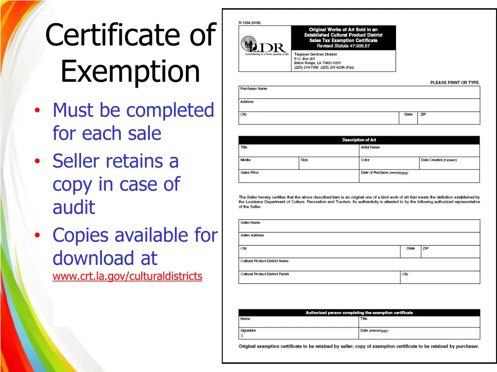 certificate of exemption must be completed