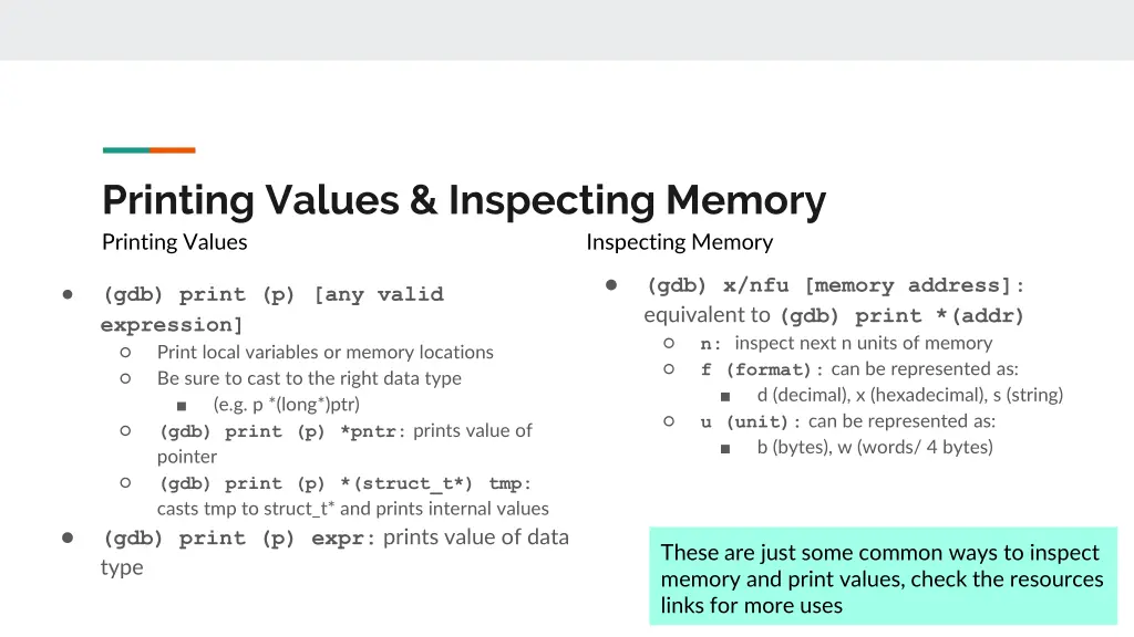 printing values inspecting memory printing values