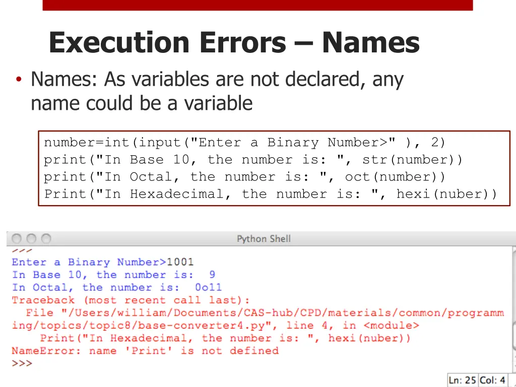 execution errors names names as variables