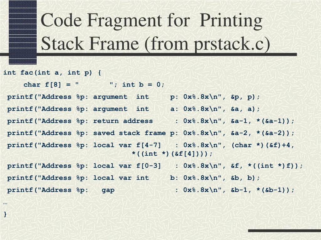 code fragment for printing stack frame from 1