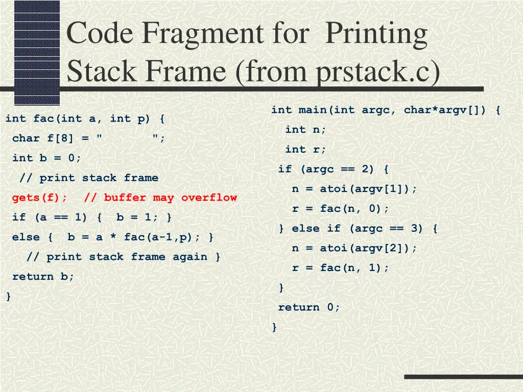 code fragment for printing stack frame from