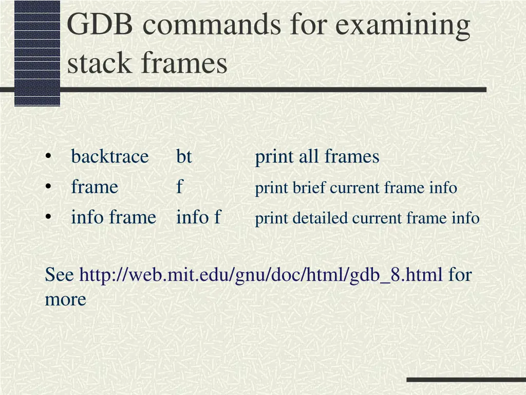 gdb commands for examining stack frames