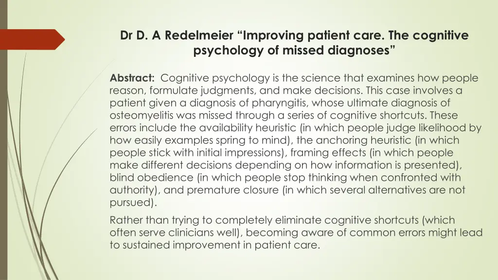 dr d a redelmeier improving patient care