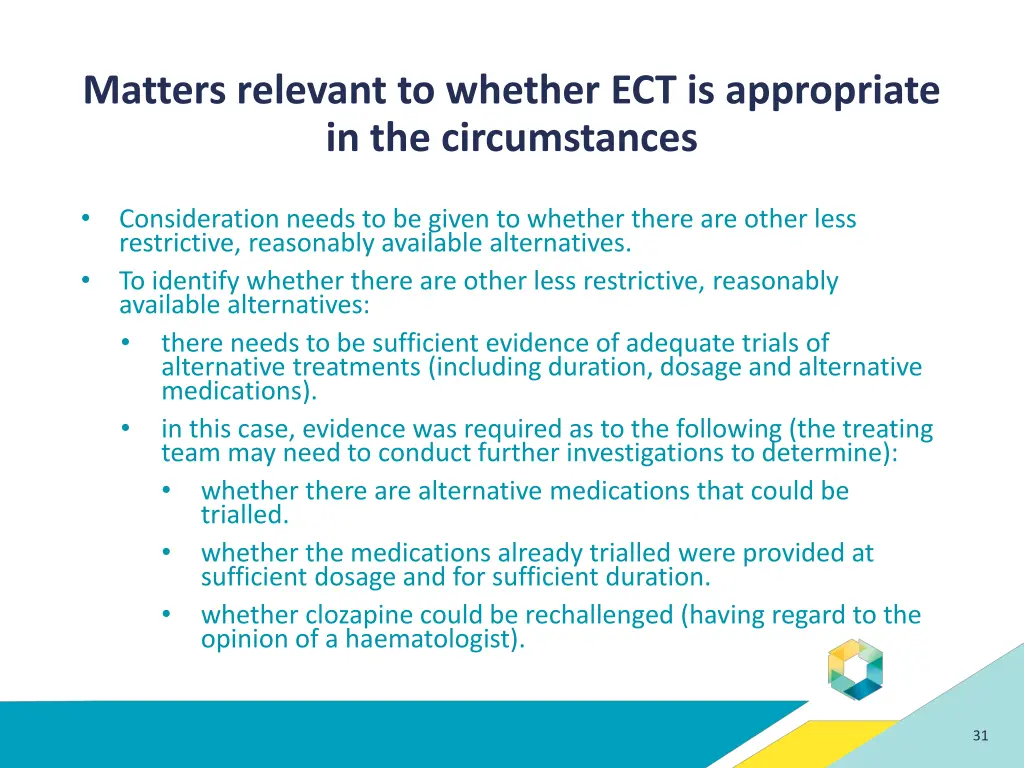 matters relevant to whether ect is appropriate