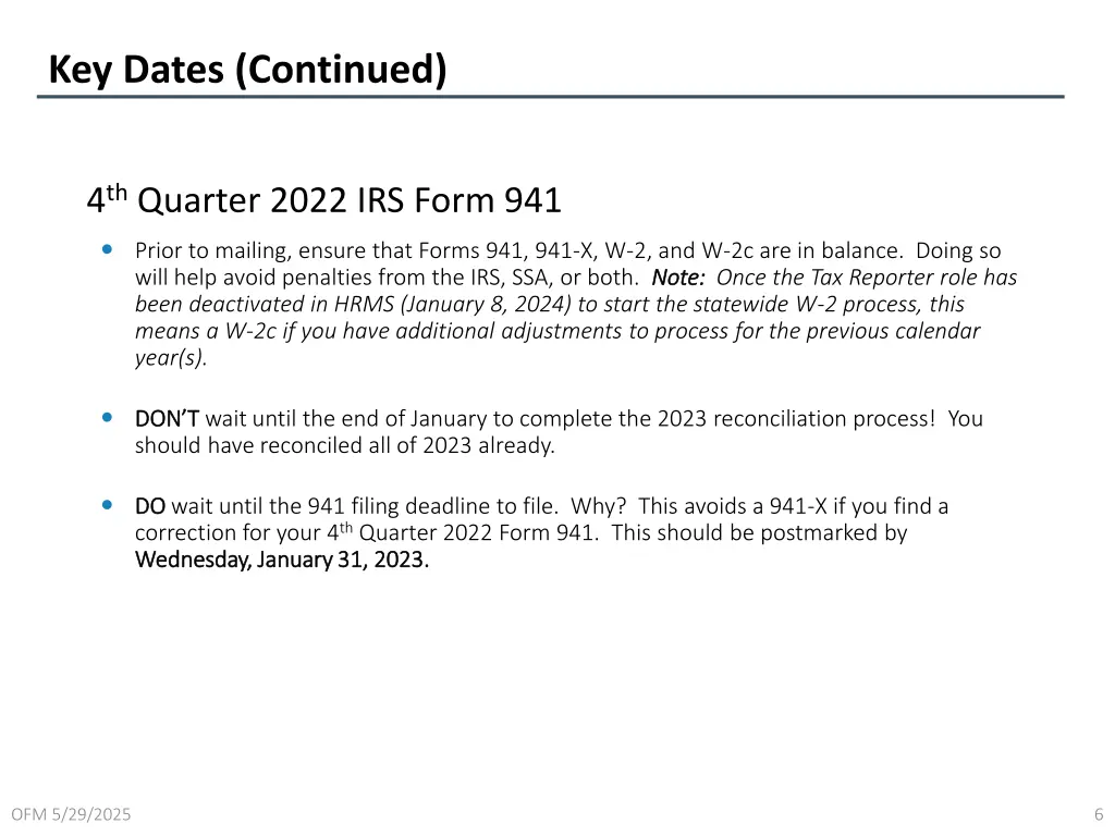 key dates continued 2