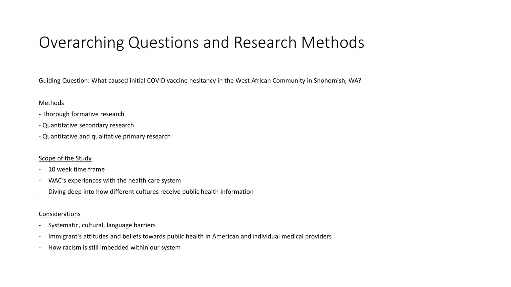 overarching questions and research methods
