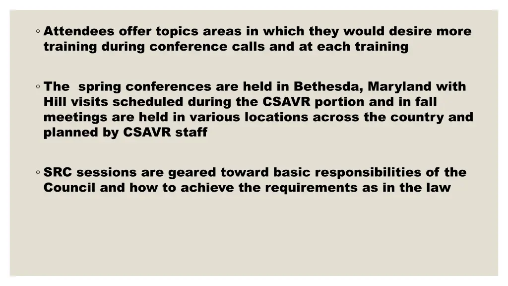 attendees offer topics areas in which they would
