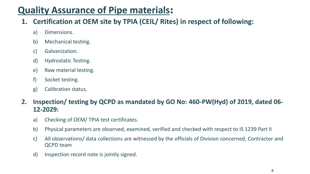quality assurance of pipe materials