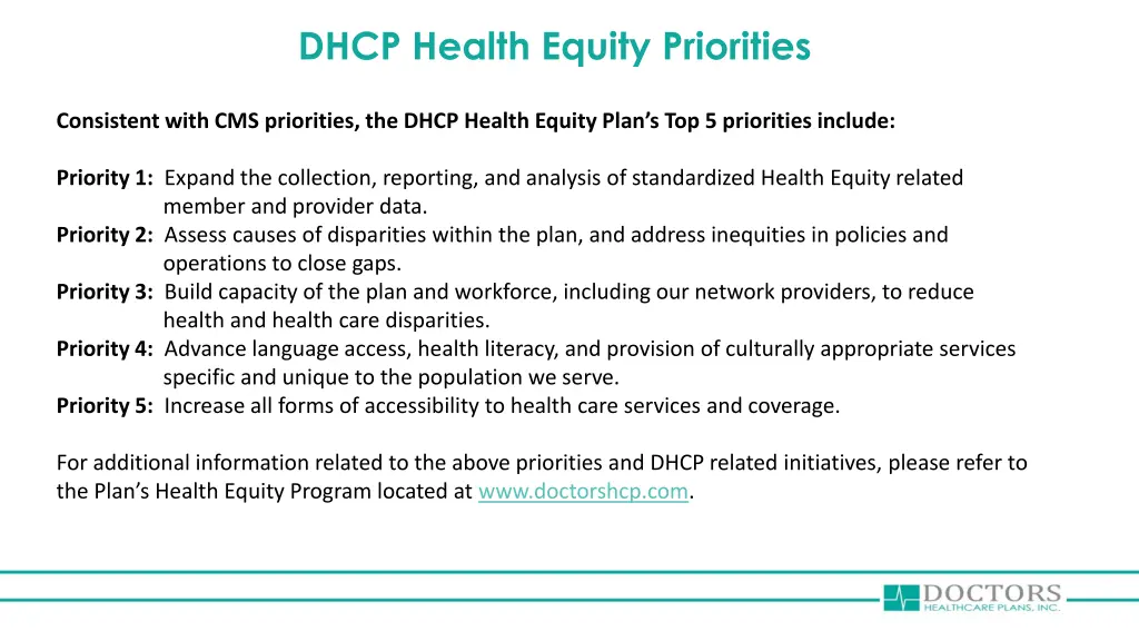dhcp health equity priorities