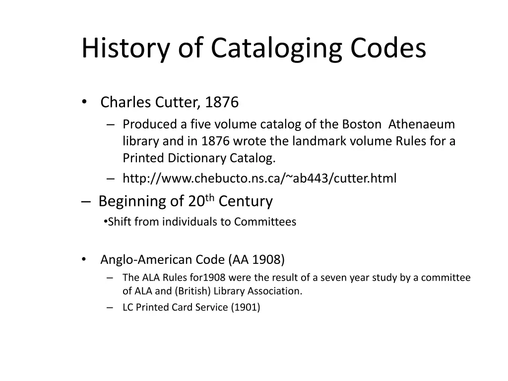 history of cataloging codes 1