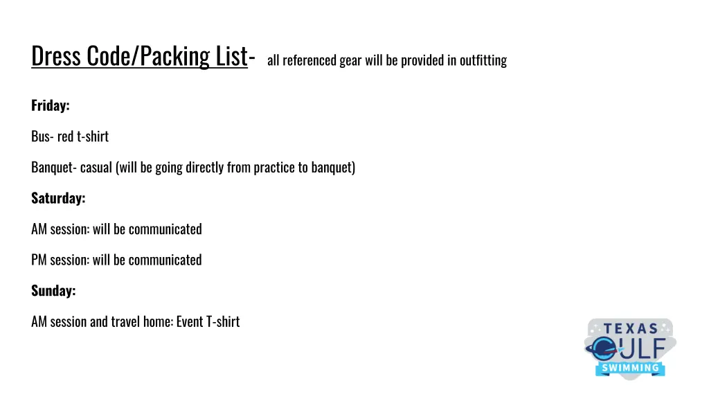 dress code packing list all referenced gear will