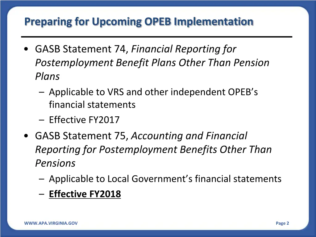 preparing for upcoming opeb implementation