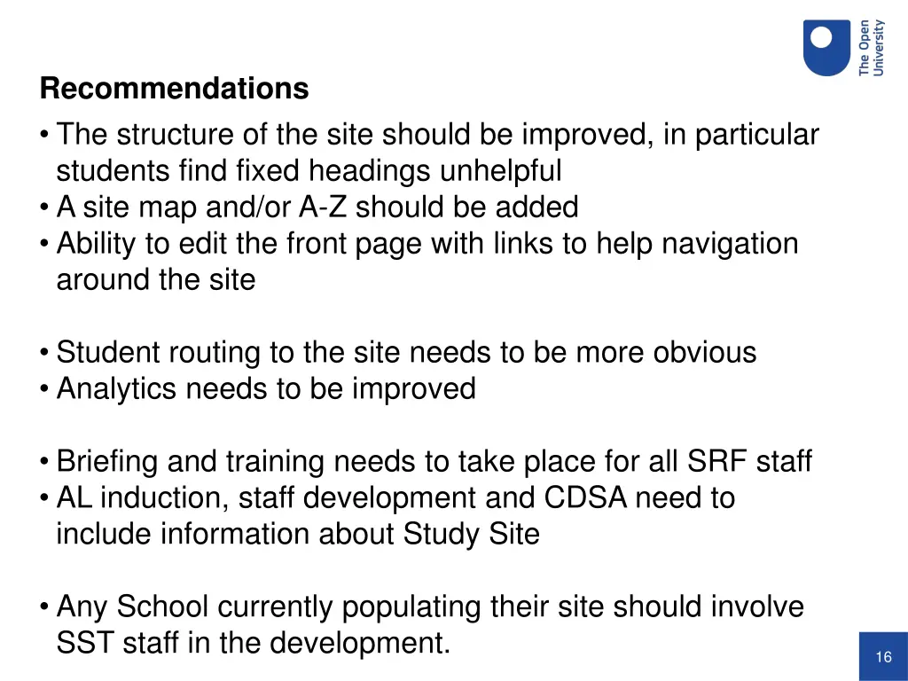 recommendations the structure of the site should
