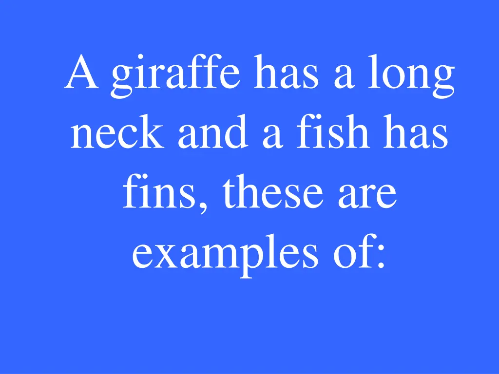 a giraffe has a long neck and a fish has fins