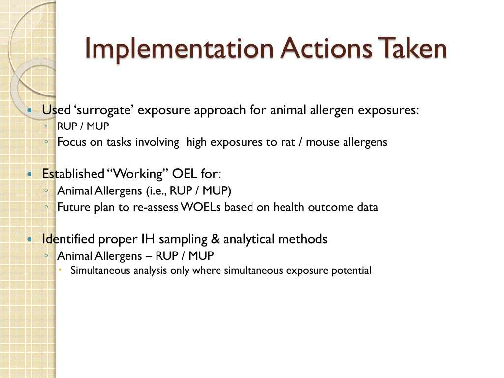 implementation actions taken