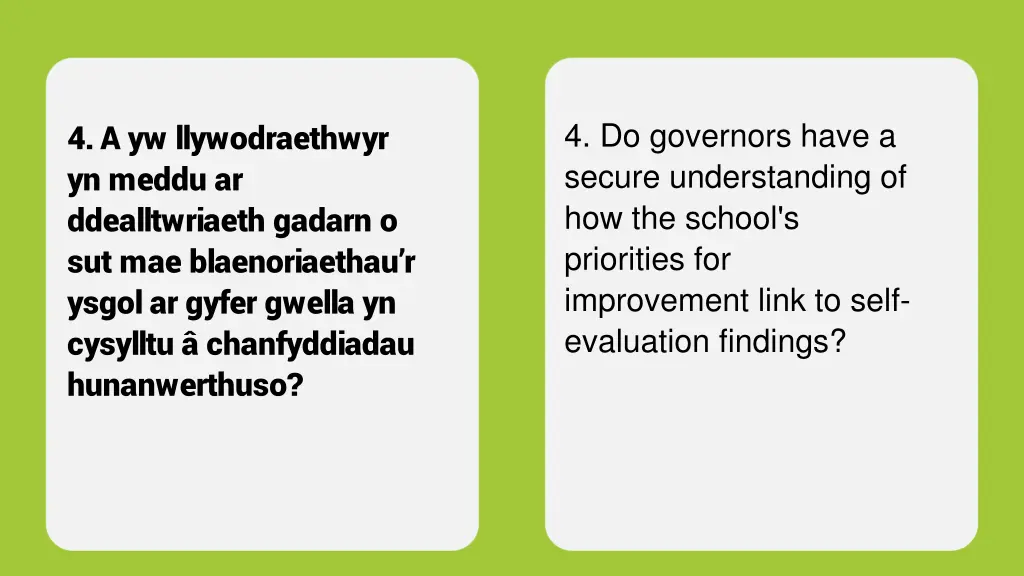 4 a yw llywodraethwyr yn meddu ar ddealltwriaeth