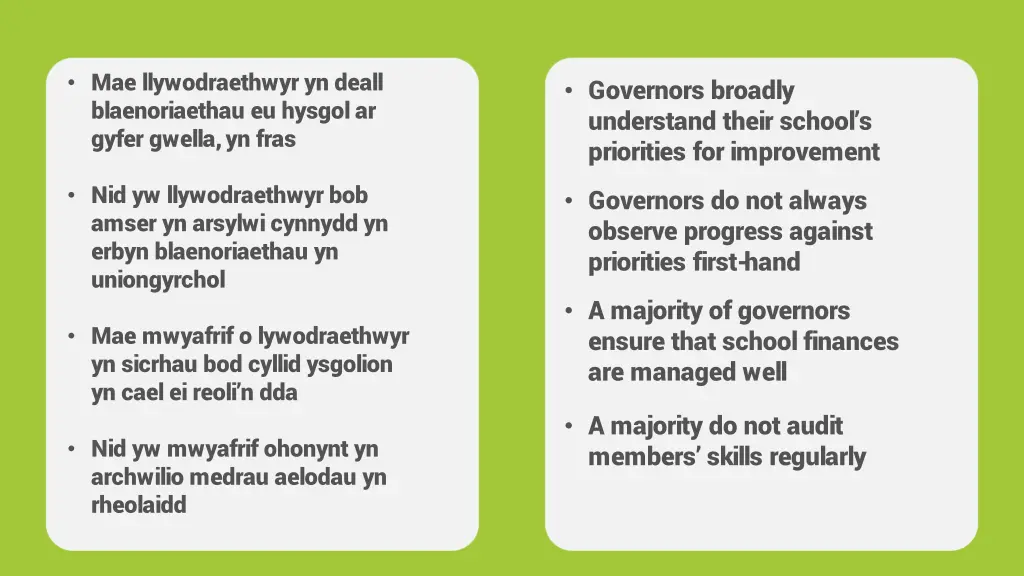mae llywodraethwyr yn deall blaenoriaethau