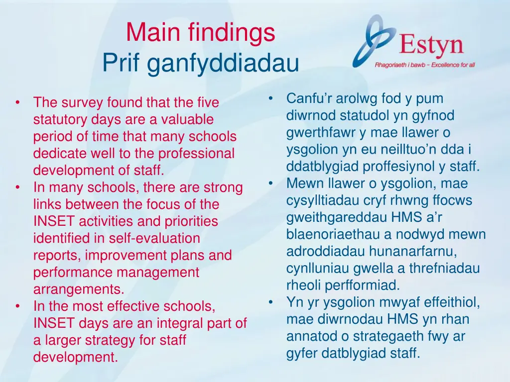 main findings prif ganfyddiadau