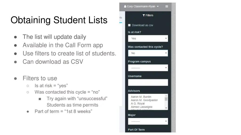 obtaining student lists