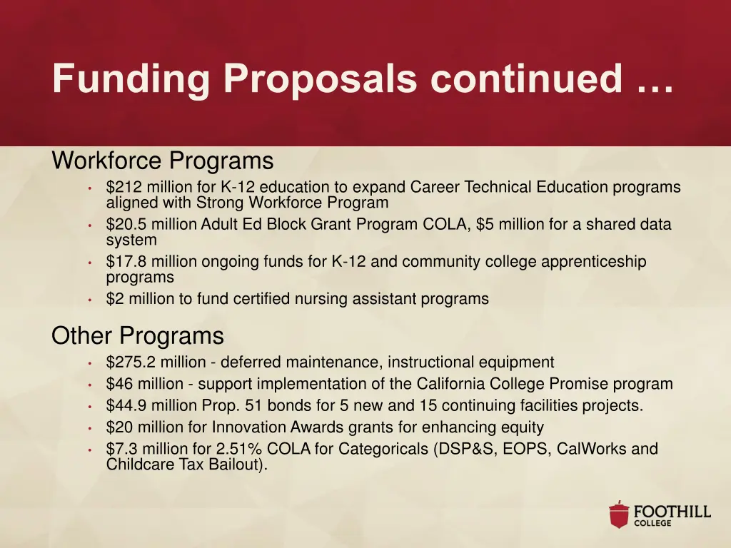 funding proposals continued