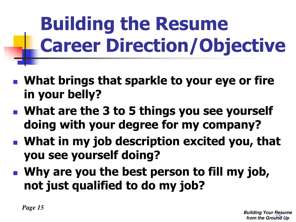 building the resume career direction objective