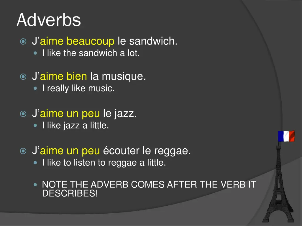 adverbs j aime beaucoup le sandwich i like