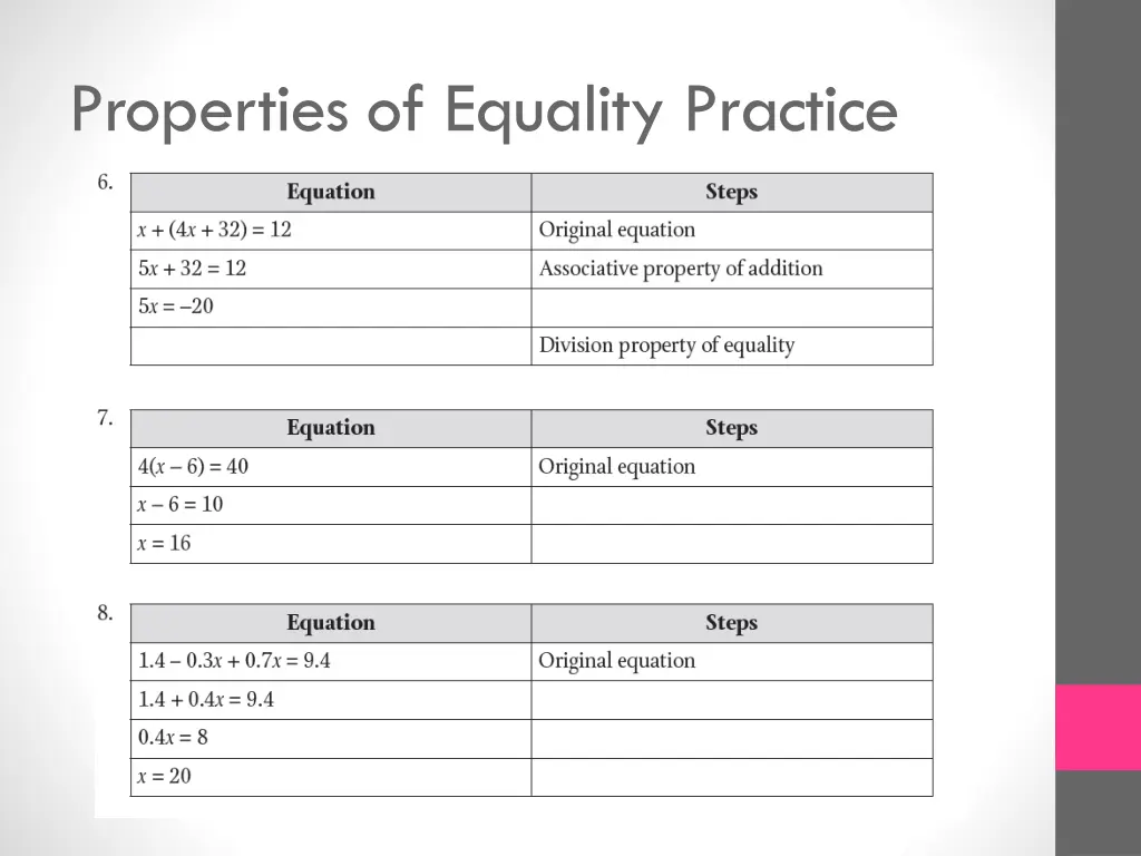 properties of equality practice 5