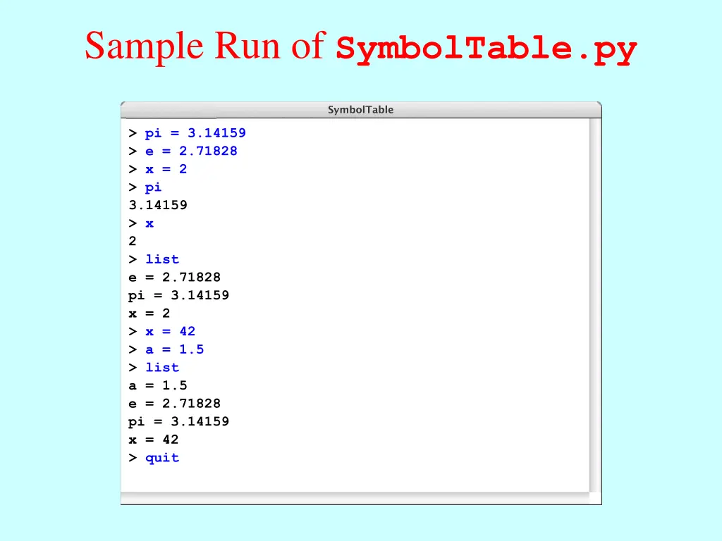 sample run of symboltable py
