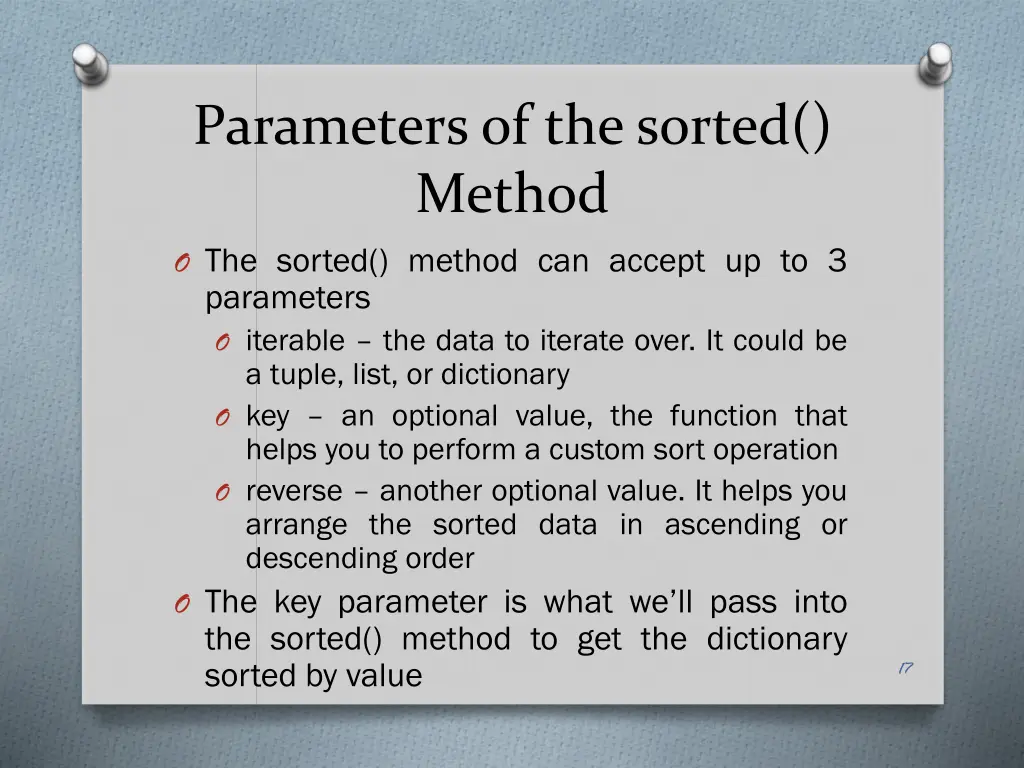 parameters of the sorted method o the sorted