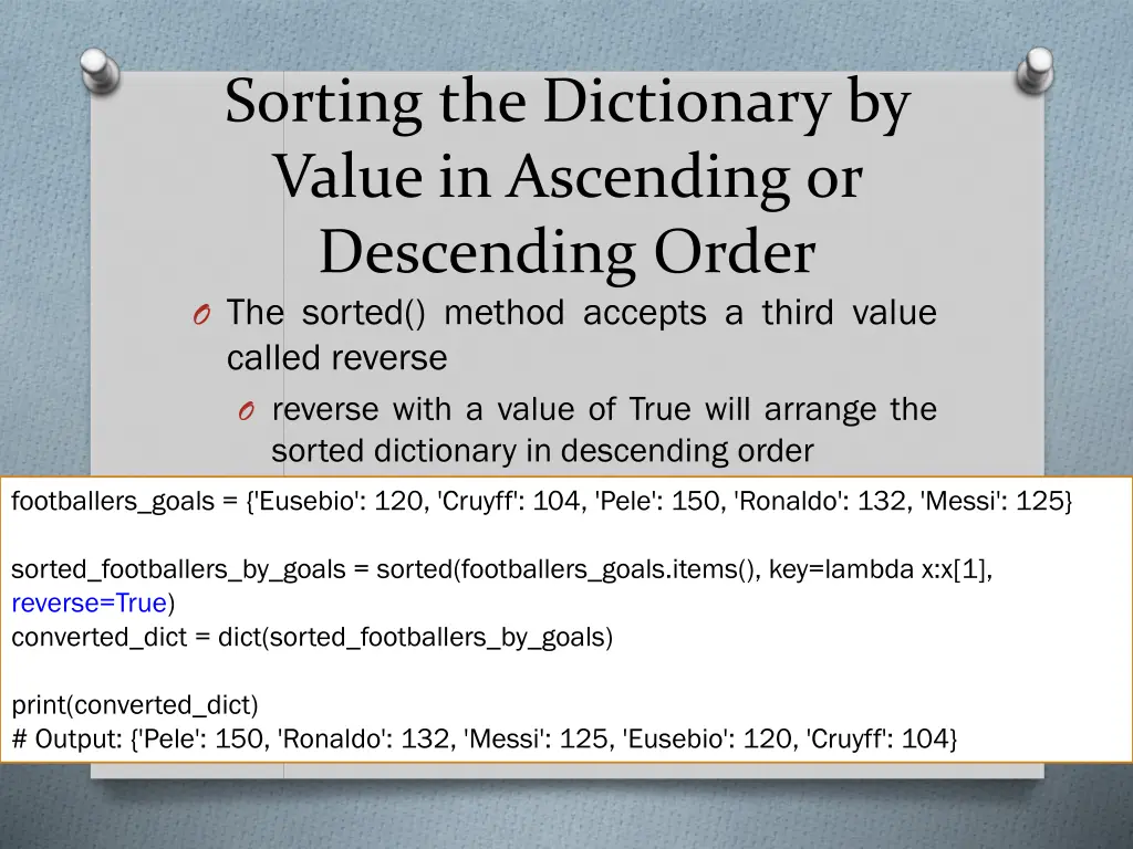 sorting the dictionary by value in ascending