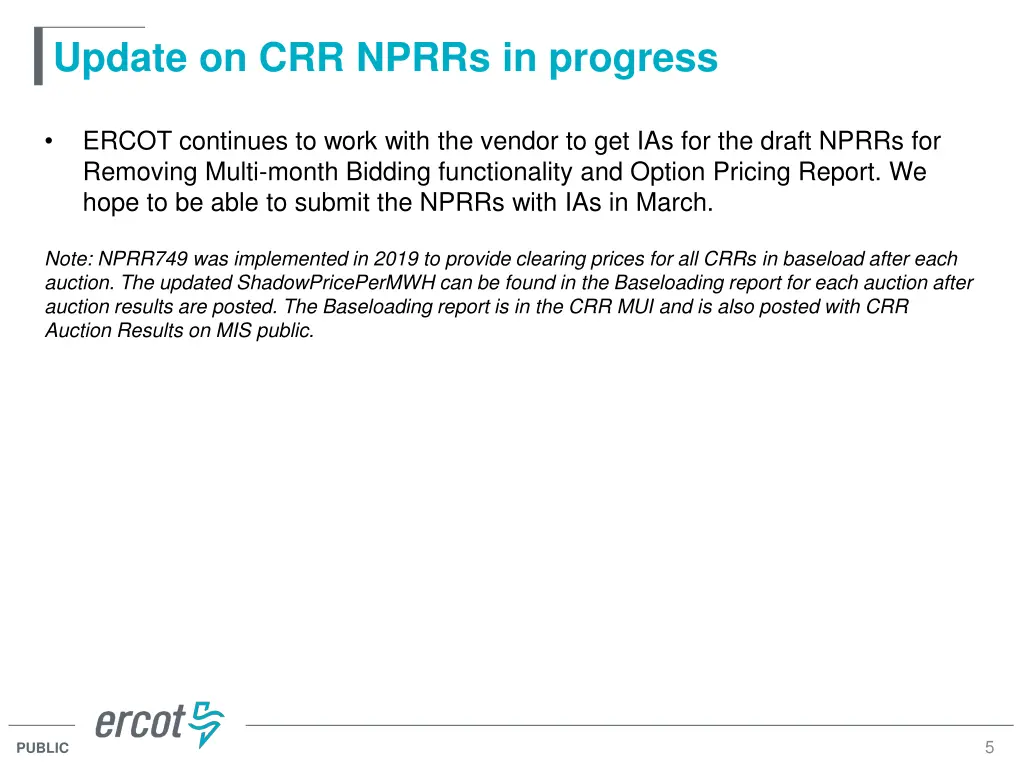 update on crr nprrs in progress