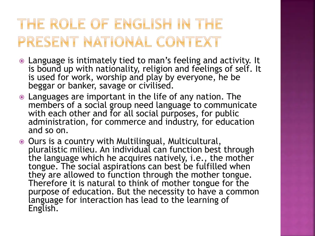 the role of english in the present national