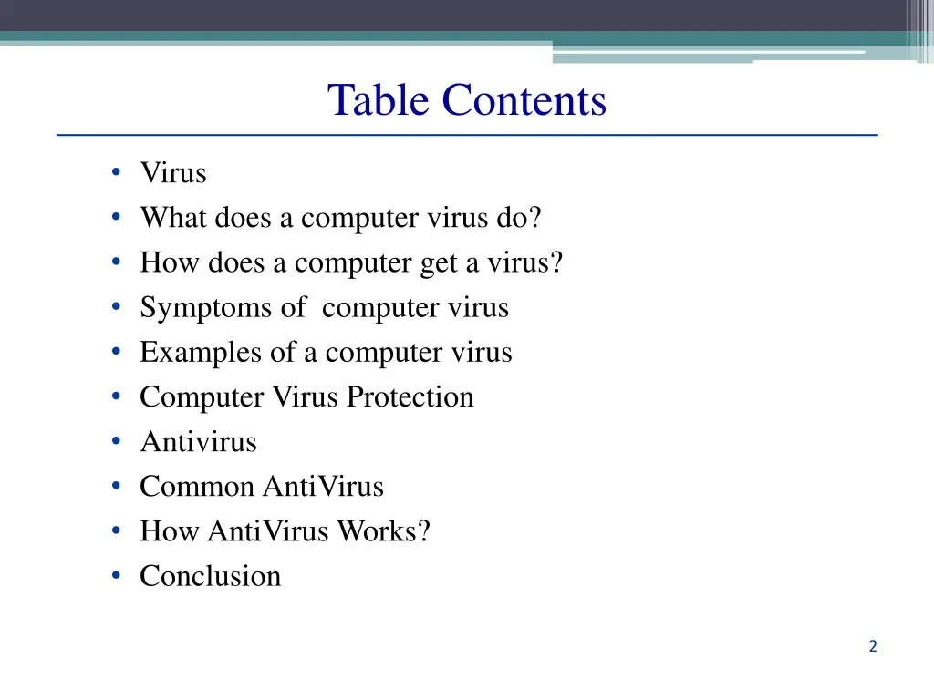table contents