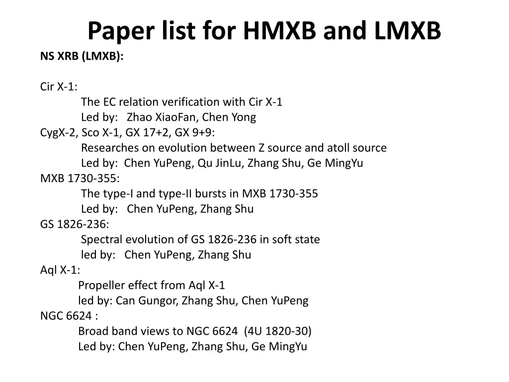 paper list for hmxb and lmxb ns xrb lmxb
