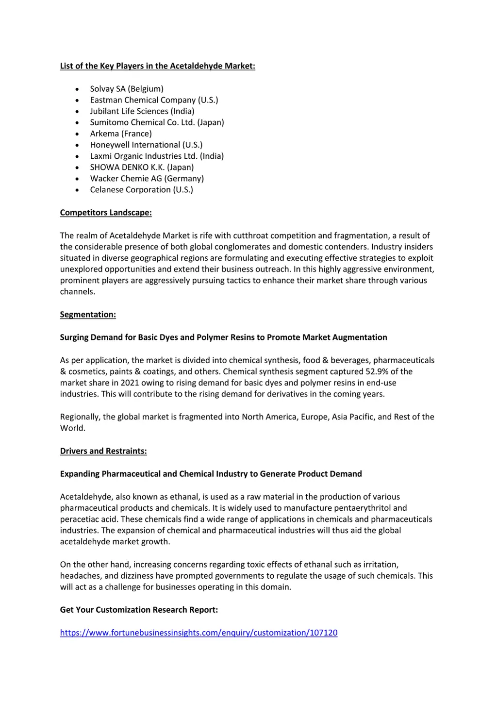 list of the key players in the acetaldehyde market