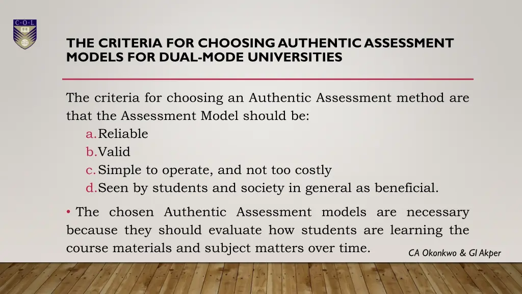 the criteria for choosing authentic assessment