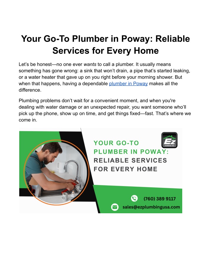 your go to plumber in poway reliable services