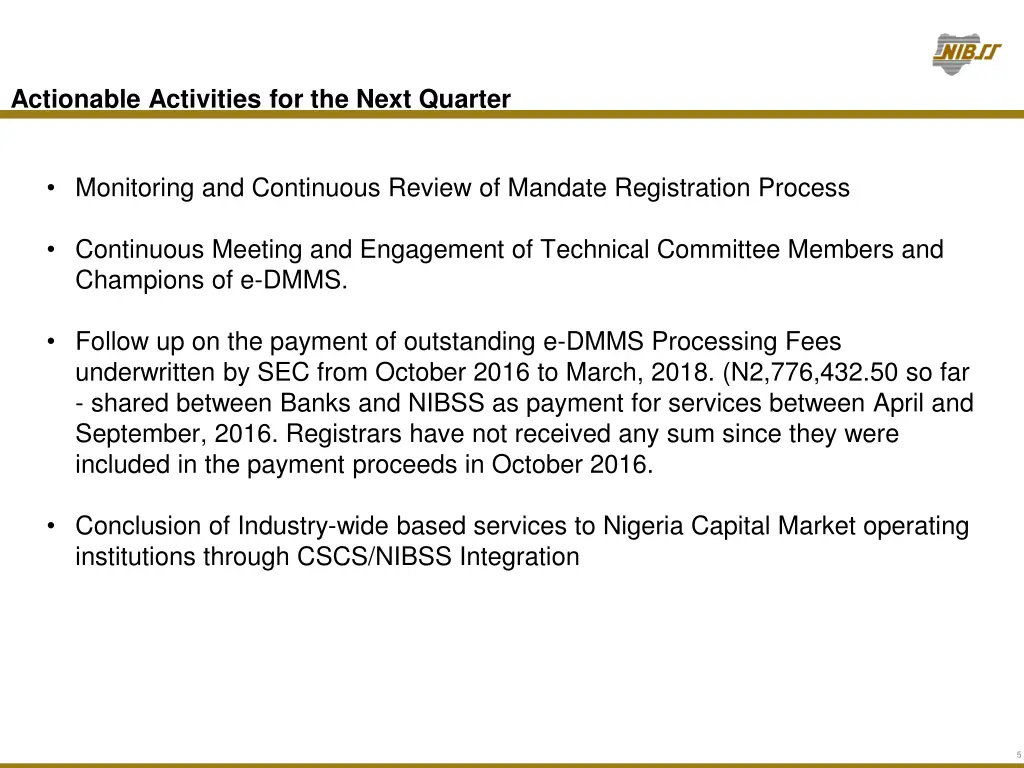 actionable activities for the next quarter