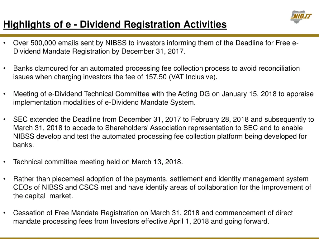 highlights of e dividend registration activities