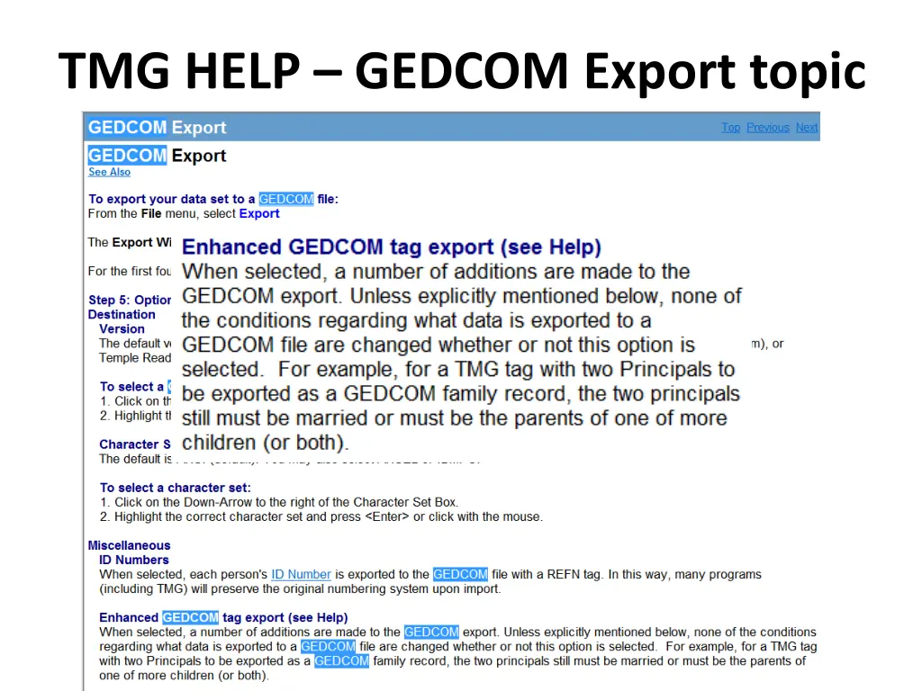 tmg help gedcom export topic