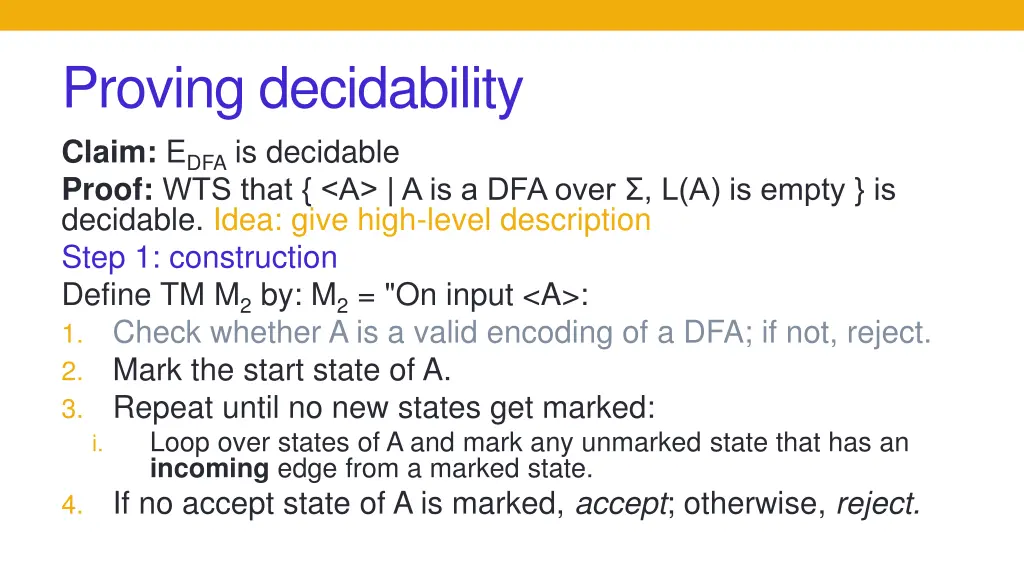 proving decidability claim e dfa is decidable