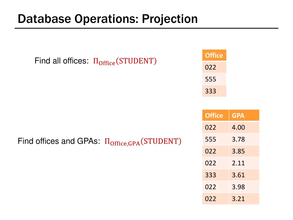 database operations projection