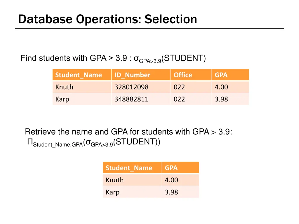 database operations selection