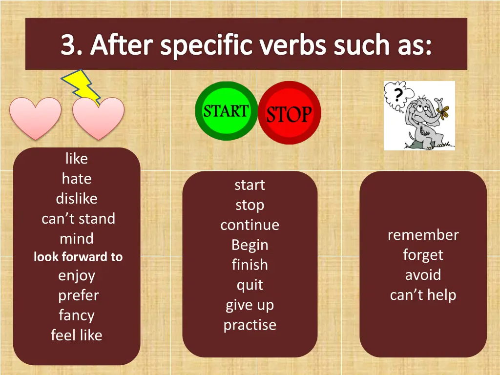 3 after specific verbs such as