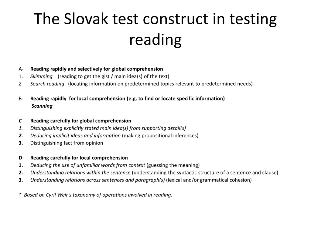 the slovak test construct in testing reading