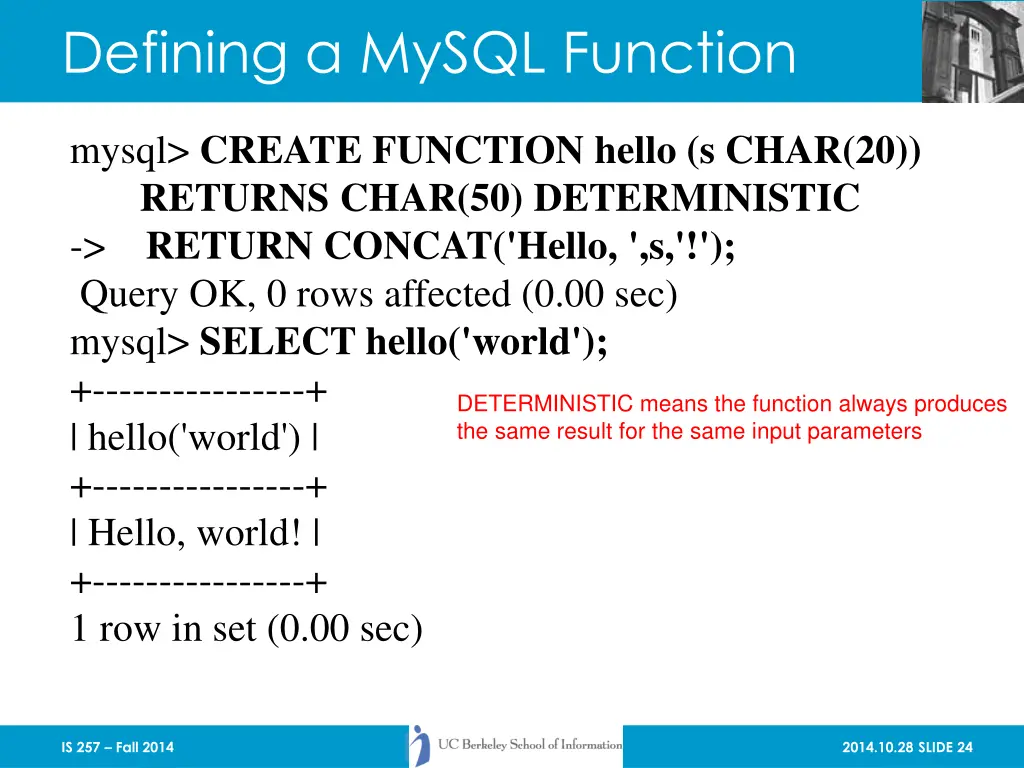 defining a mysql function