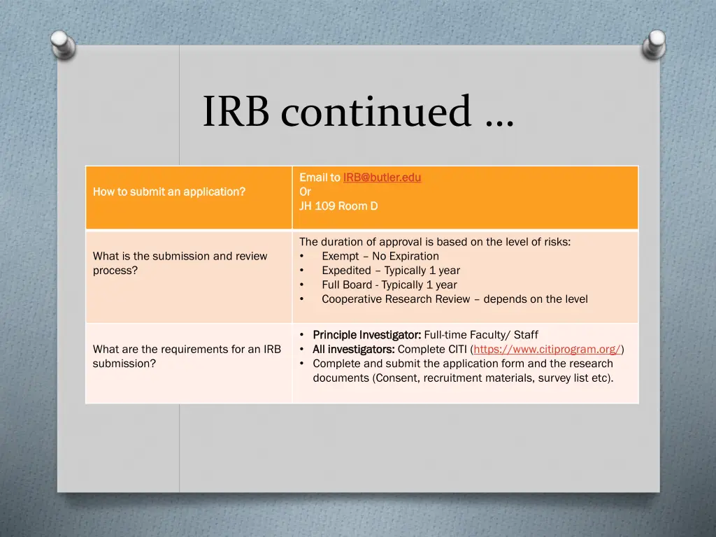 irb continued