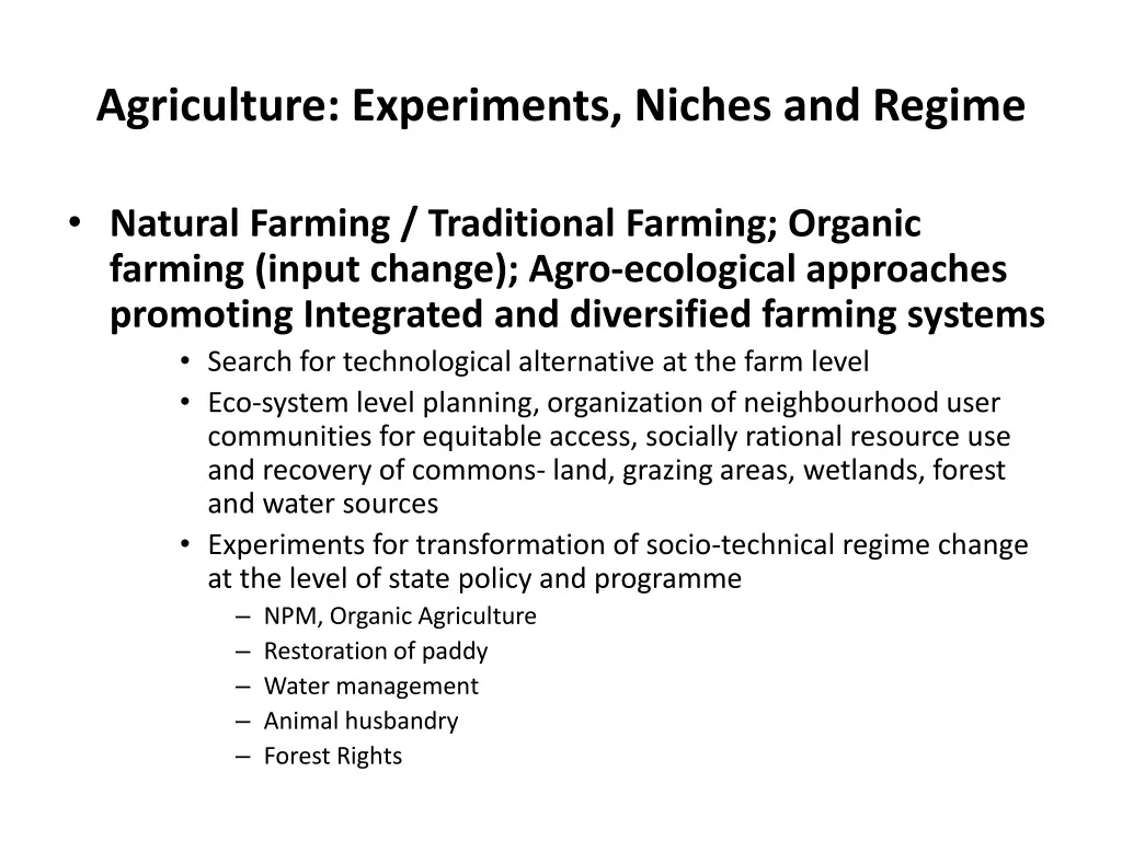 agriculture experiments niches and regime