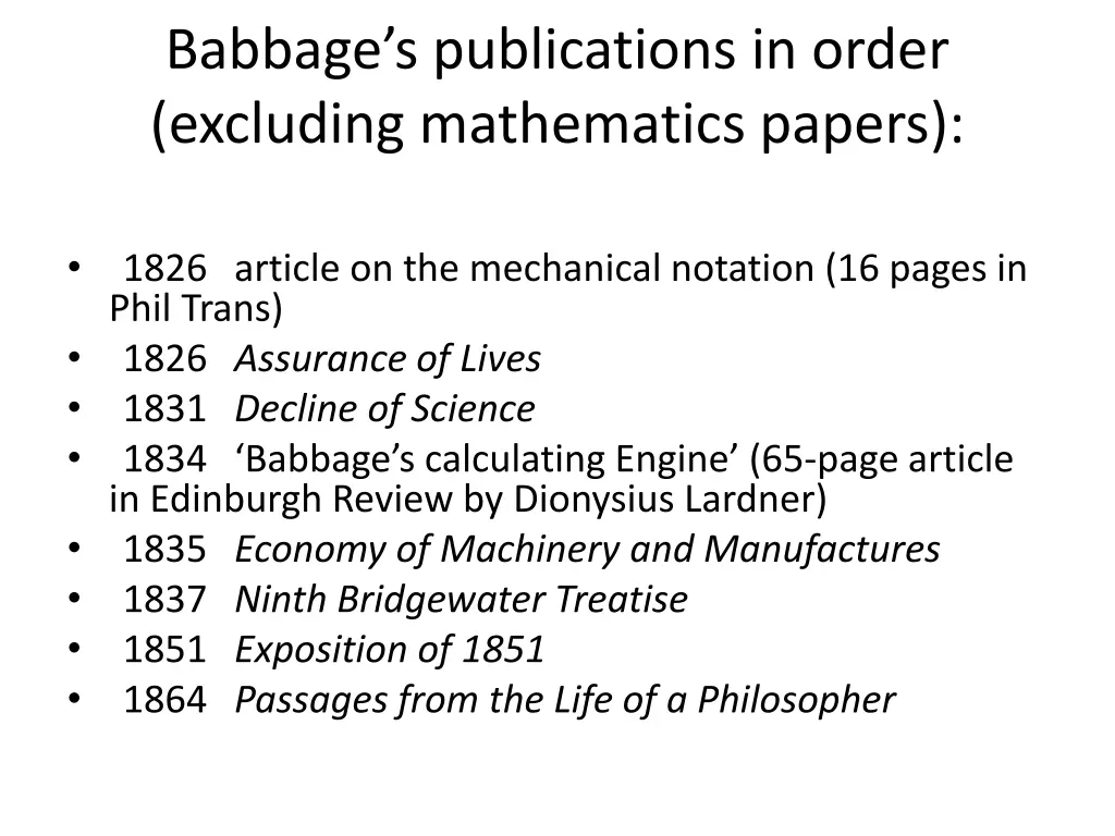 babbage s publications in order excluding